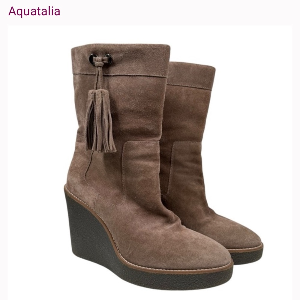 Aquatalia Viola Weatherproof Suede Wedge Tassel Pull On Boots in Taupe